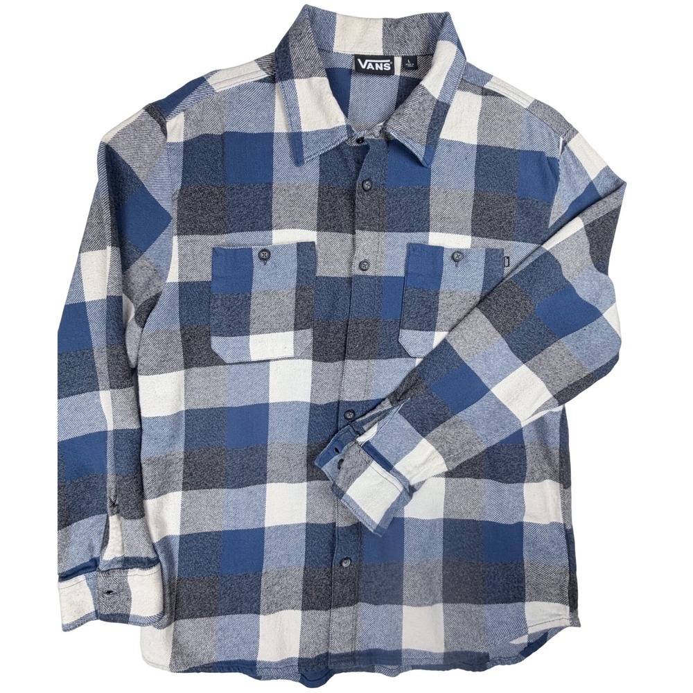 Vans Mens Blue White Grey Buffalo Plaid Flannel Button Down Shirt Large L